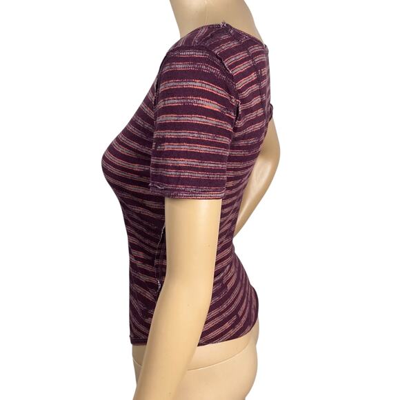 Free People Intimately Purple Pink Striped Ribbed Babydoll Tee Knit Top SZ M - Picture 5 of 8